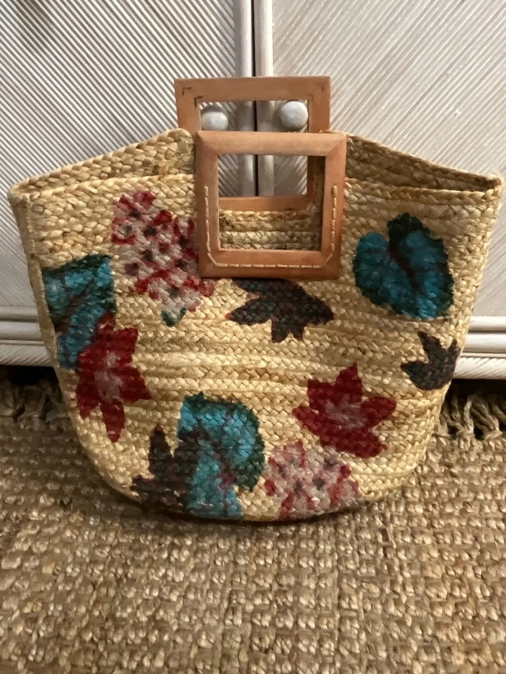 Antik Kraft Handwoven Straw Jute Tote with Wooden Handles – Floral Print Bag - Picture 2 of 3
